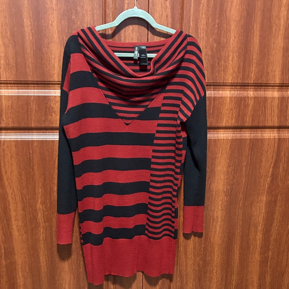Bisou Bisou Red and Black Striped Cowl Neck Sweater Dress